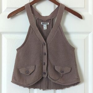 Quicksilver Waistcoat Inspired Button Up V-neck Pleated Back Knit Tank Top Taupe